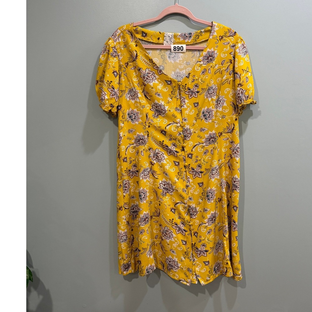 Naif Women Yellow Floral Paisley V-Neck Button Front Puff Sleeve Mini Dress
